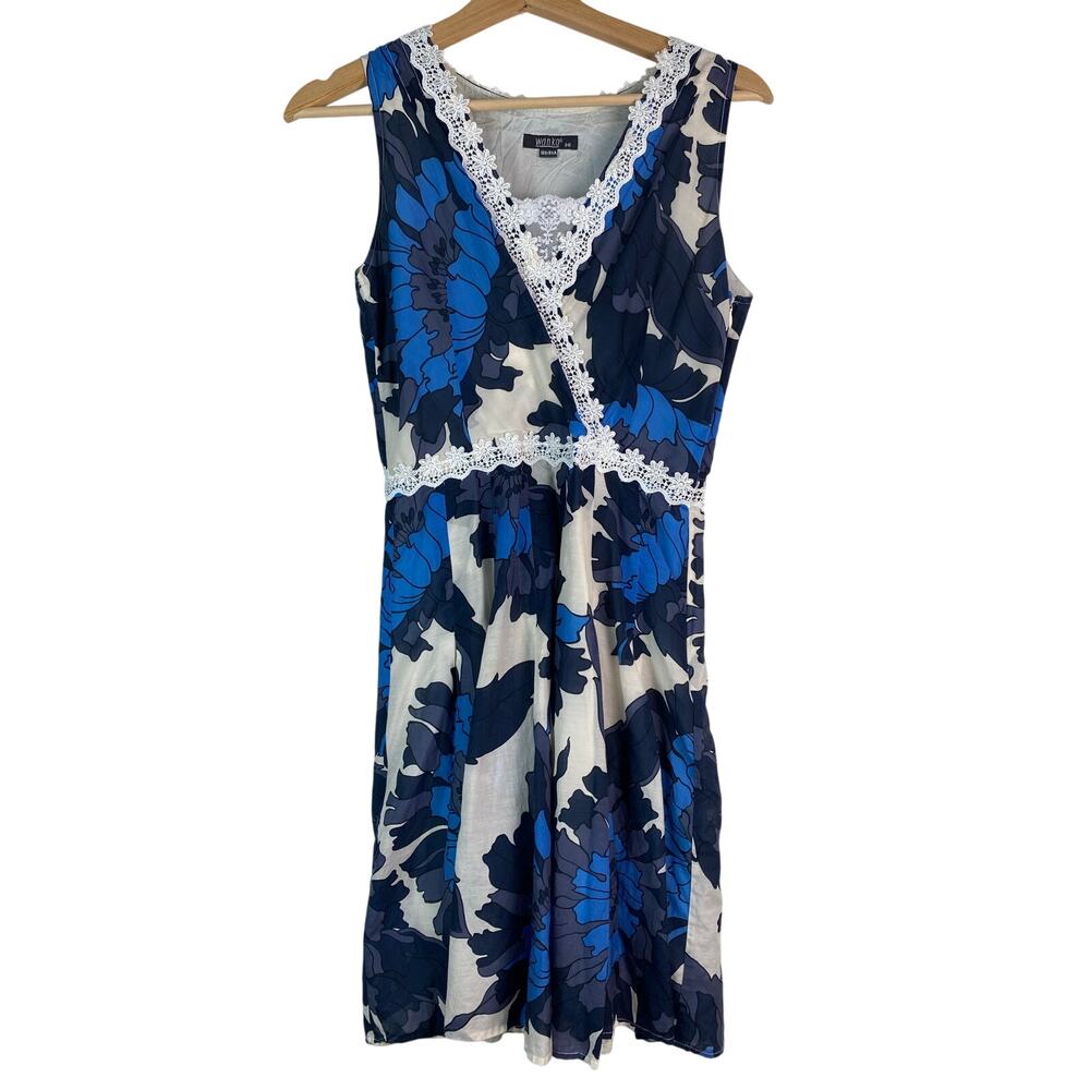 Wanko Women's M Cream Blue Floral White Lace Trim Sleeveless A-Line Dress *